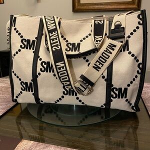 Steve Madden Black and Cream Canvas Messenger Bag